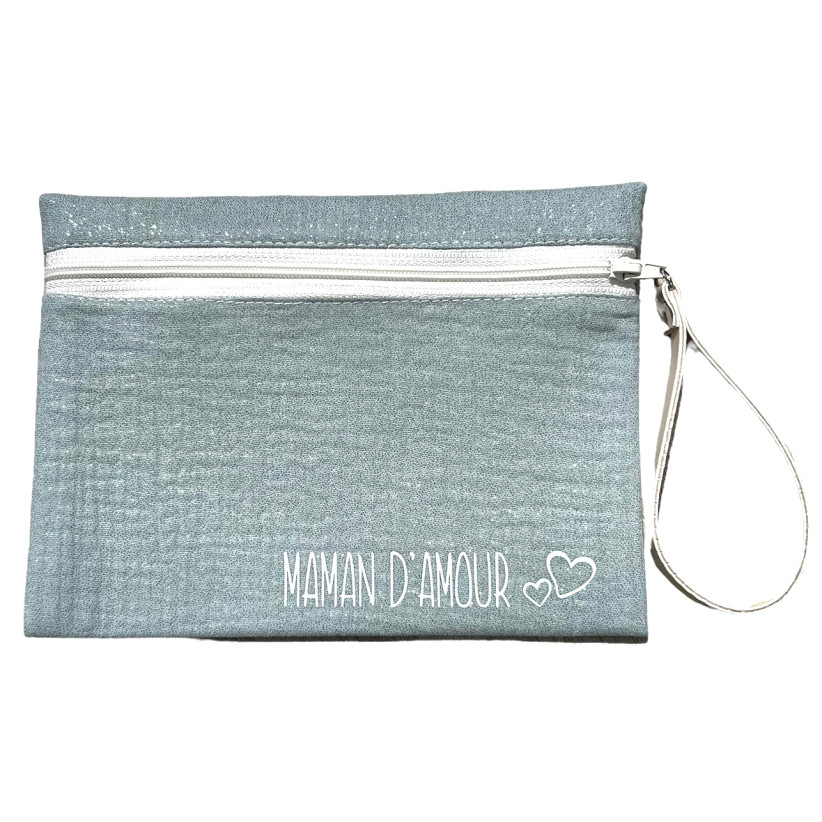 Pochette M, "Maman d'amour" scintillant céladon