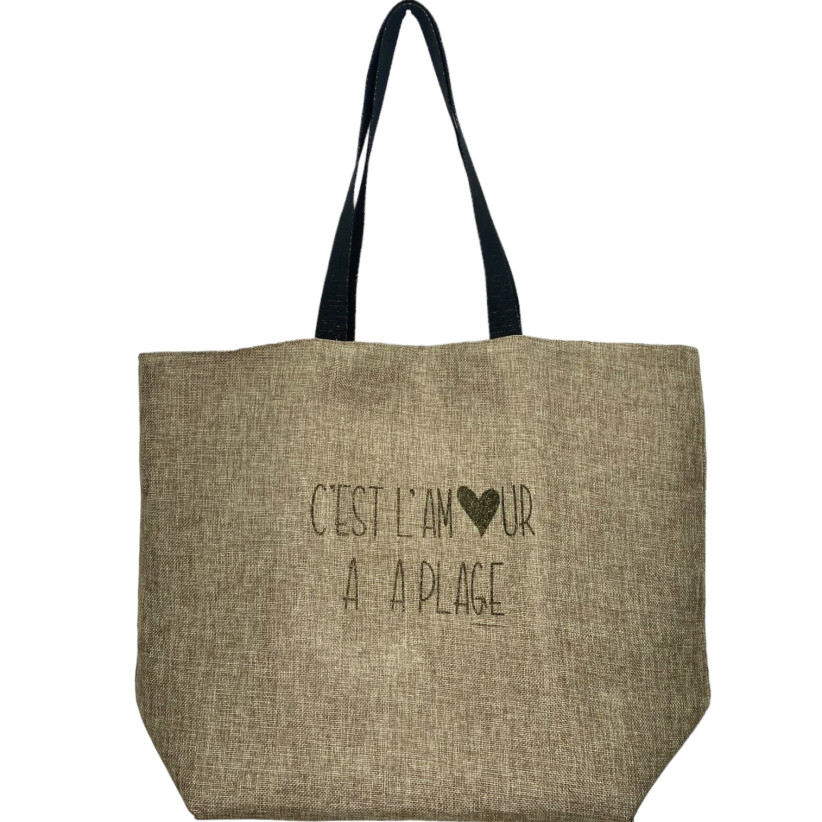 Sac cabas de plage L, "C'est l'amour à la plage" jute scintillant