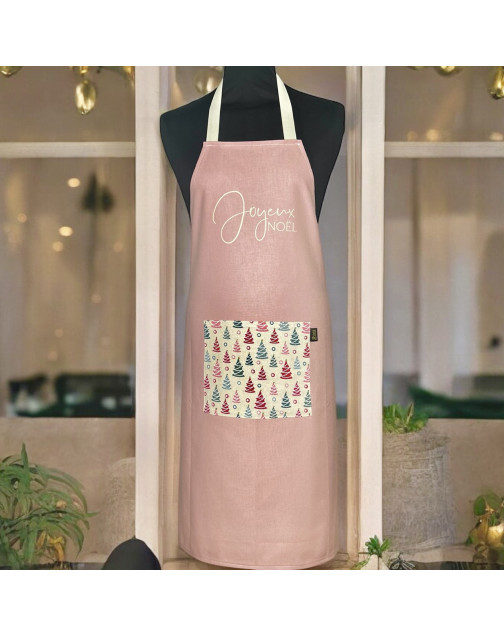 Tablier de cuisine, "Joyeux Noël" rose poudre