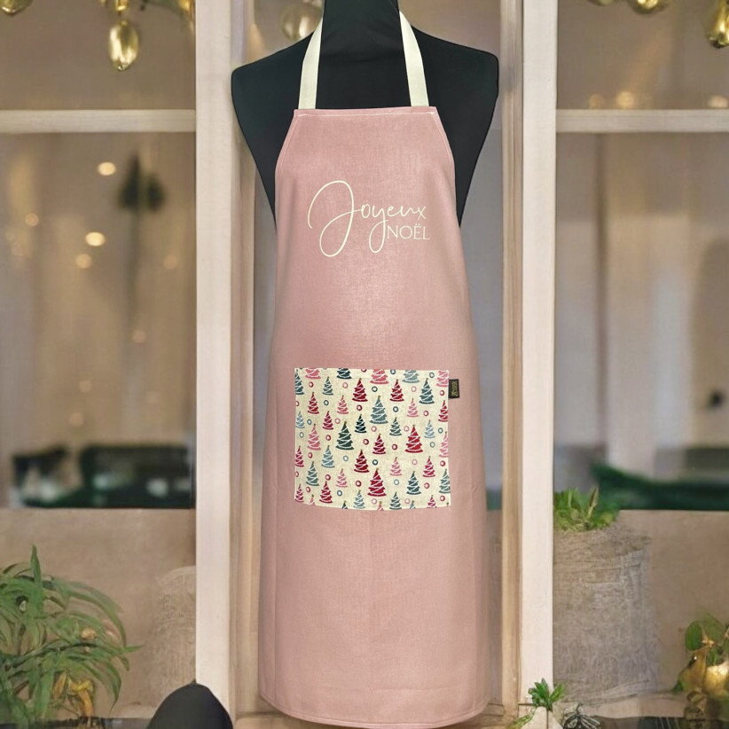 Tablier de cuisine, "Joyeux Noël" rose poudre