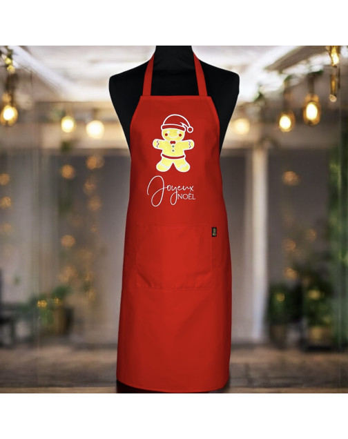 Tablier de cuisine, "Joyeux Noël" rouge uni