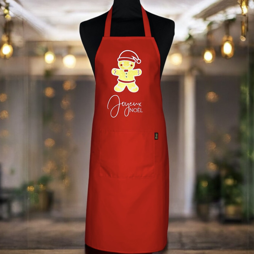 Tablier de cuisine, "Joyeux Noël" rouge uni