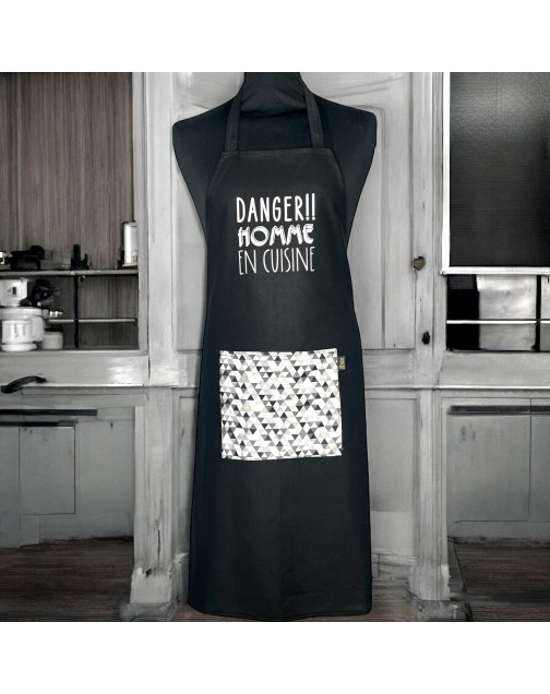 Tablier de cuisine, "Danger ! Homme en cuisine" noir