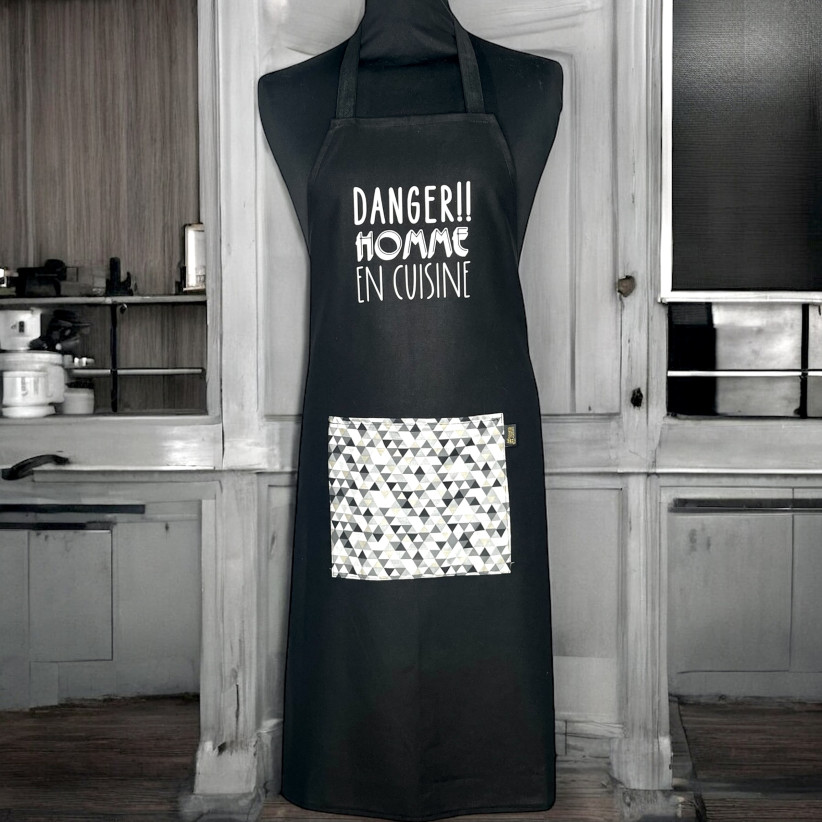 Tablier de cuisine, "Danger ! Homme en cuisine" noir