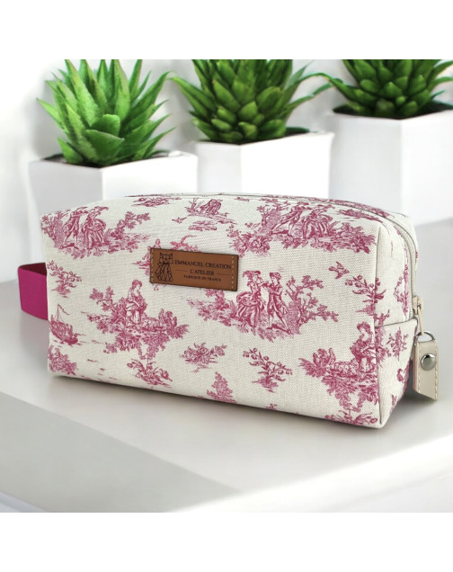 Trousse nomade S, "Antoinette" rose (sangle fuchsia)