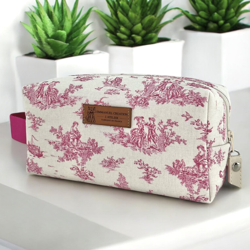Trousse nomade S, "Antoinette" rose (sangle fuchsia)