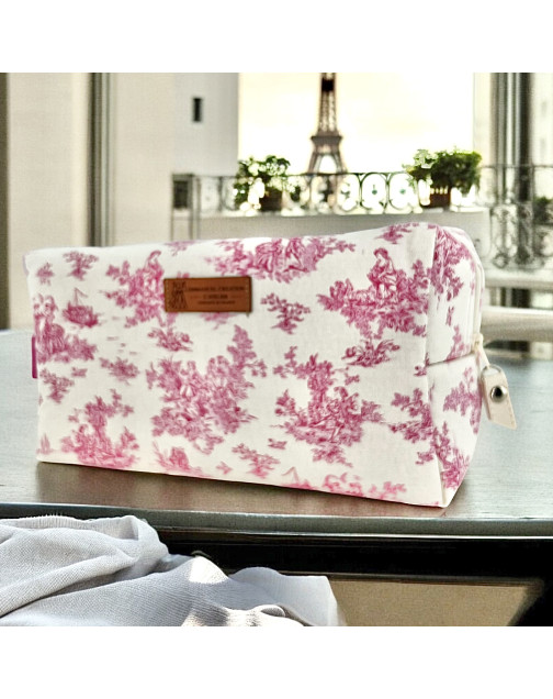 Trousse nomade M, "Antoinette" rose (sangle fuchsia)