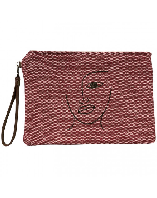 Pochette L, "Visage" chambray rouge