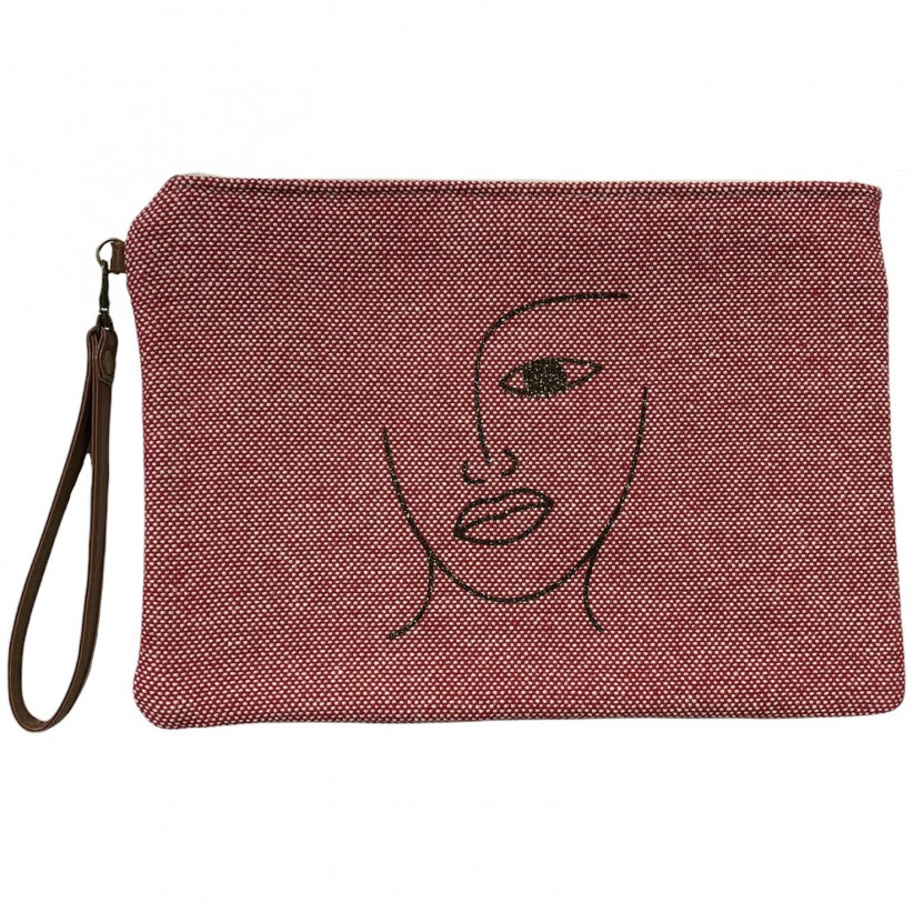 Pochette L, "Visage" chambray rouge