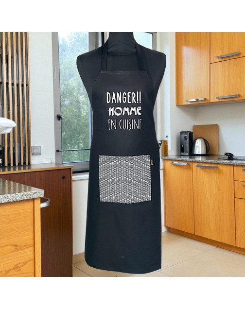 Tablier de cuisine, "Danger ! Homme en cuisine" noir