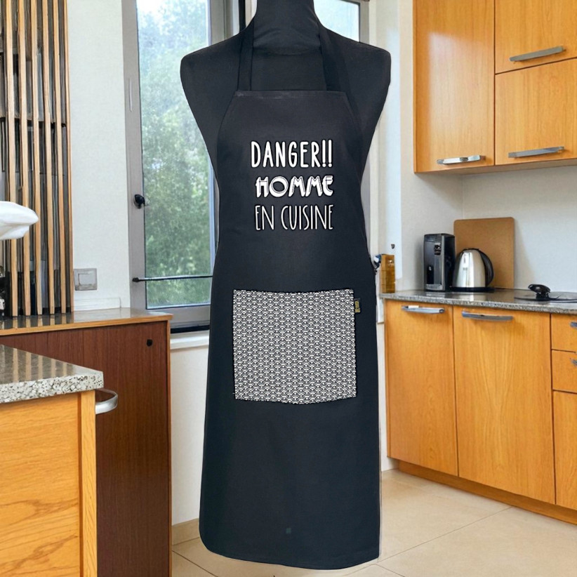 Tablier de cuisine, "Danger ! Homme en cuisine" noir