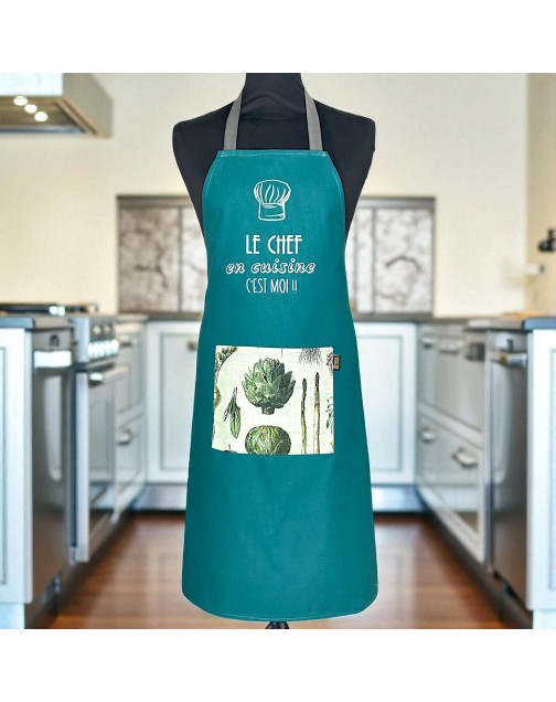 Tablier de cuisine, "Le chef en cuisine c'est moi !" pétrole
