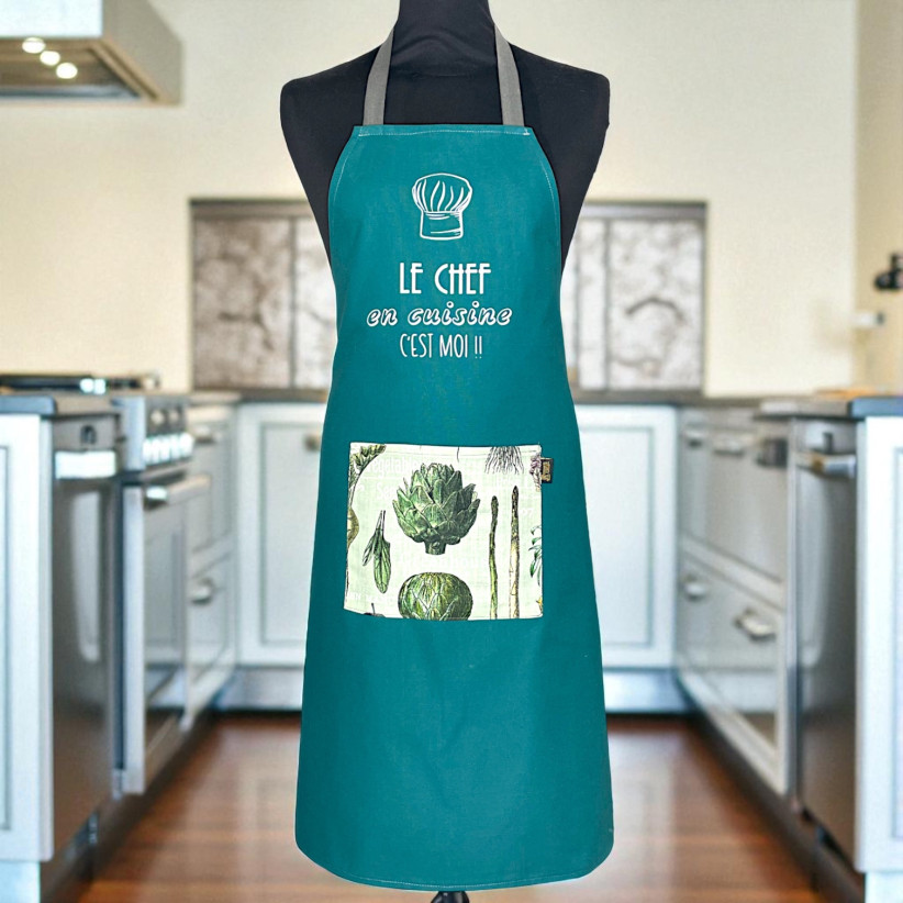 Tablier de cuisine, "Le chef en cuisine c'est moi !" pétrole