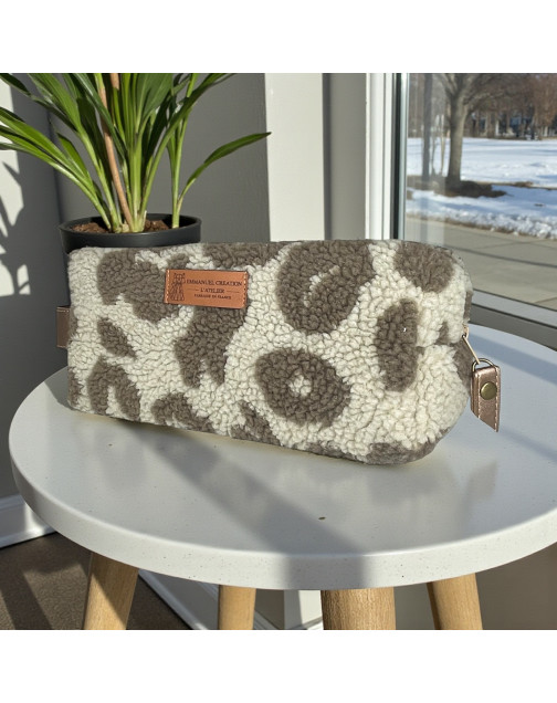 Trousse nomade S, "Bouclette léopard" taupe