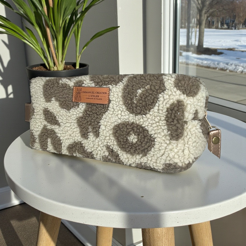 Trousse nomade S, "Bouclette léopard" taupe
