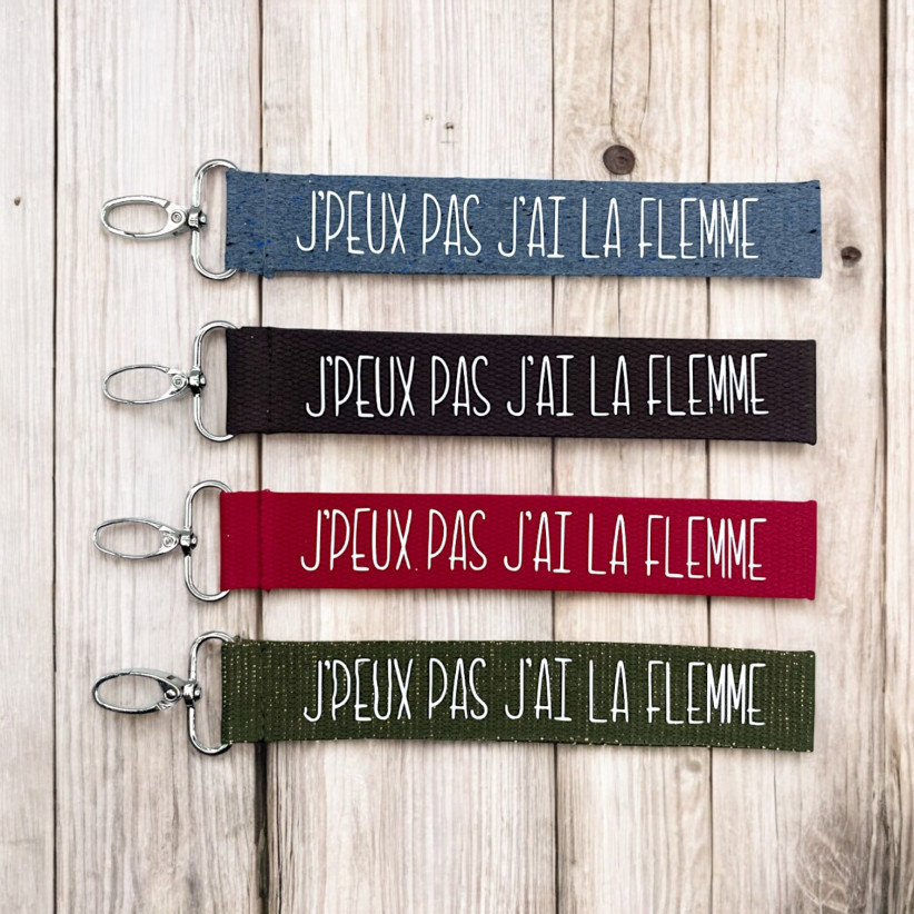 Porte clés sangle, "J'peux pas j'ai la flemme"