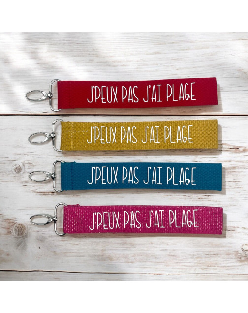 Porte clés sangle, "J'peux pas j'ai plage"