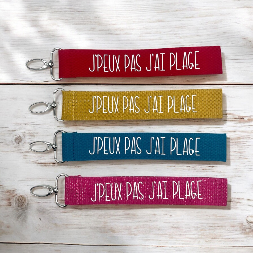 Porte clés sangle, "J'peux pas j'ai plage"