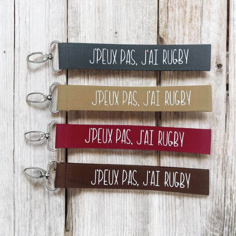Porte clés sangle, "J'peux pas j'ai rugby"