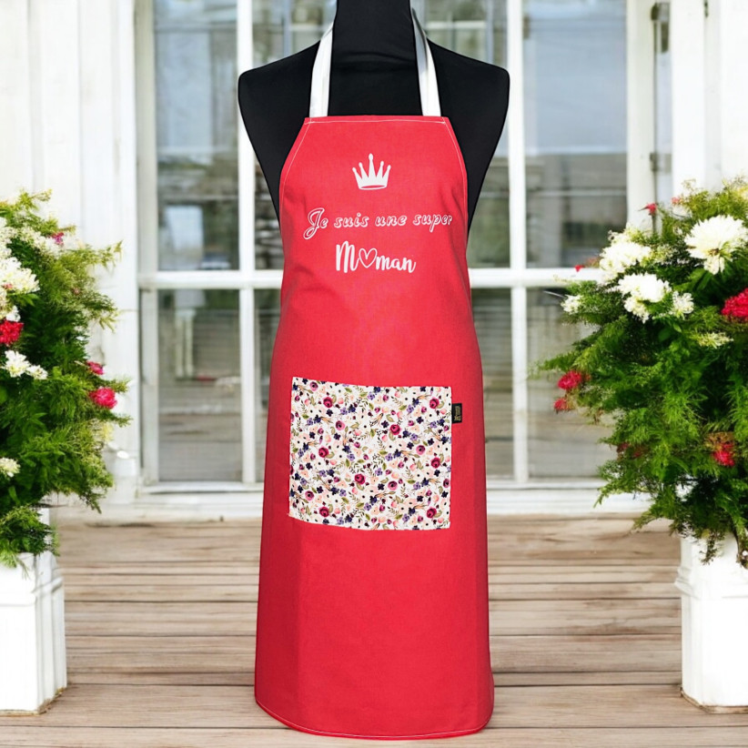 Tablier de cuisine, "Je suis une super maman" grenadine
