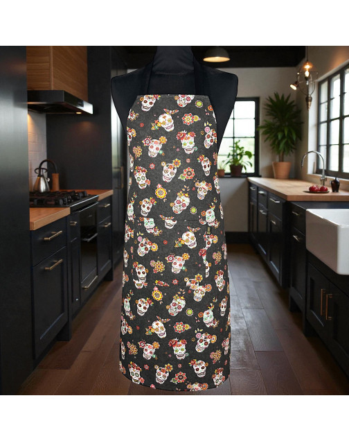 Tablier de cuisine, "Calaveras" noir