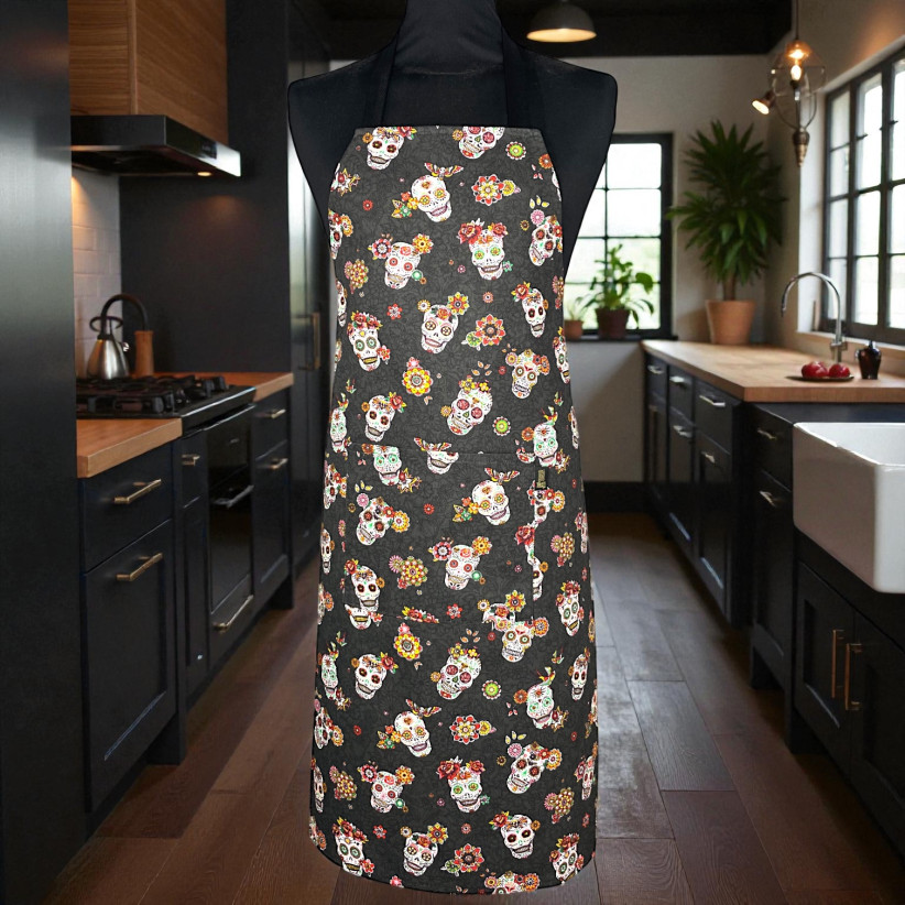 Tablier de cuisine, "Calaveras" noir