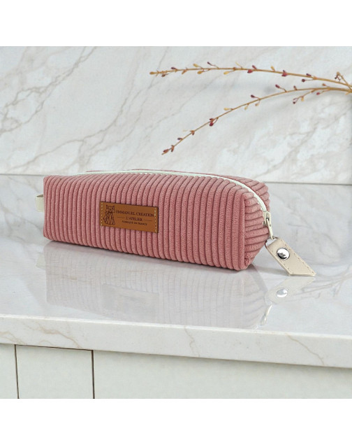 Trousse écolière, "Velours côtelé" rose