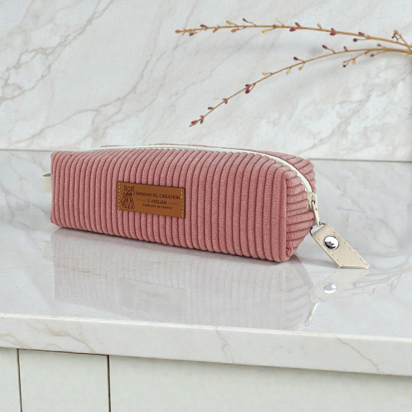 Trousse écolière, "Velours côtelé" rose