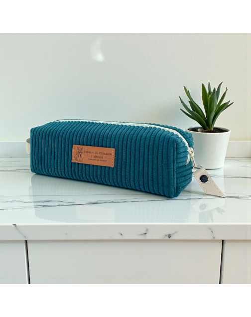 Trousse écolière, "Velours côtelé" pétrole