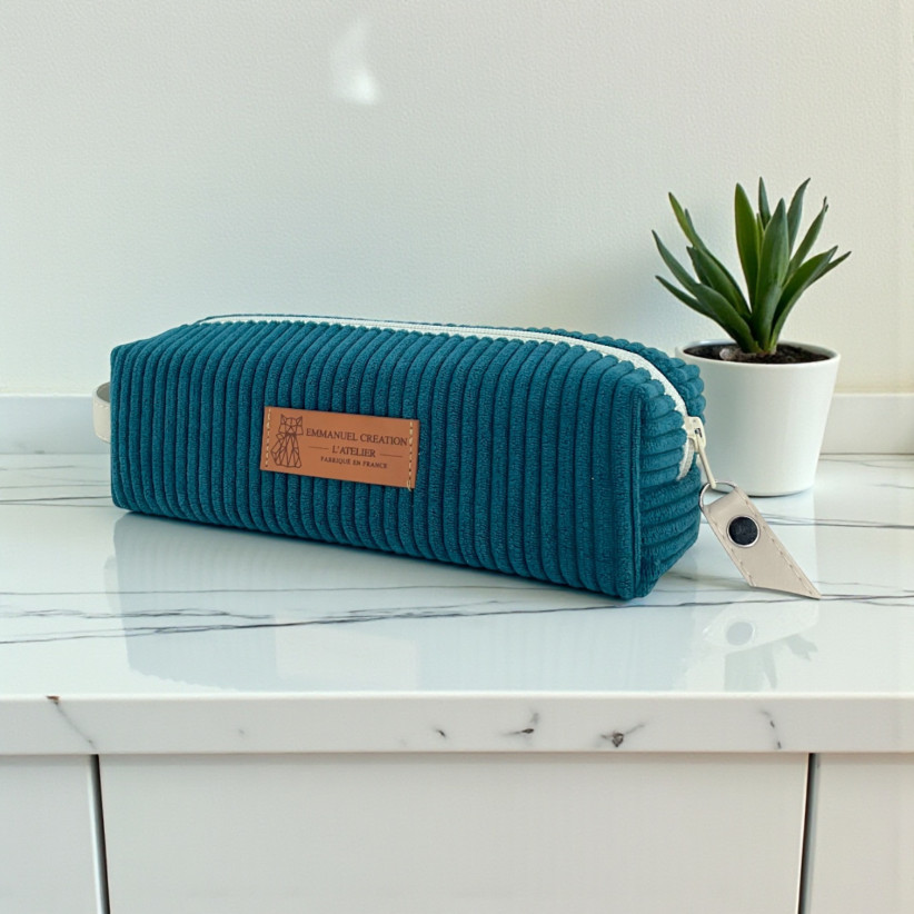 Trousse écolière, "Velours côtelé" pétrole