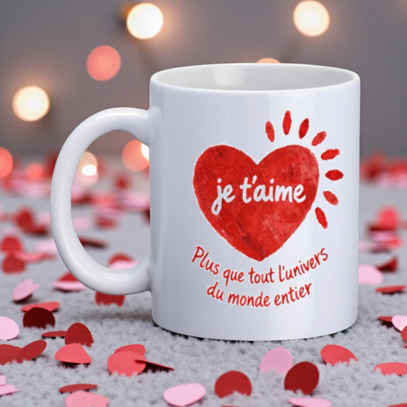 Mug, "Je t'aime plus que tout l'univers du monde entier (coeur)"