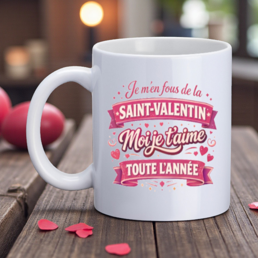 Mug, "Je m'en fous de la Saint-Valentin moi je t'aime toute l'année"
