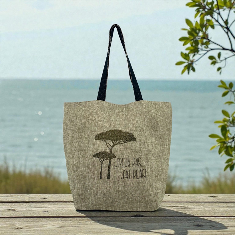 Cabas de plage M, "J'peux pas j'ai plage" pins, jute scintillant