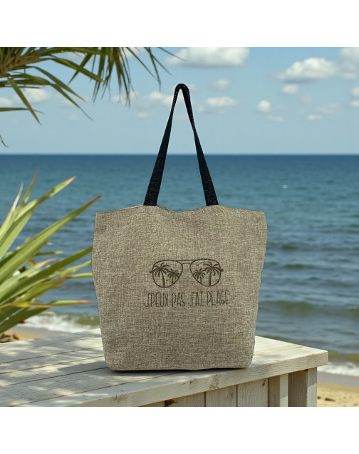 Cabas de plage L, "J'peux pas j'ai plage" lunette, jute scintillant