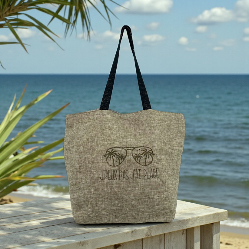 Cabas de plage L, "J'peux pas j'ai plage" lunette, jute scintillant