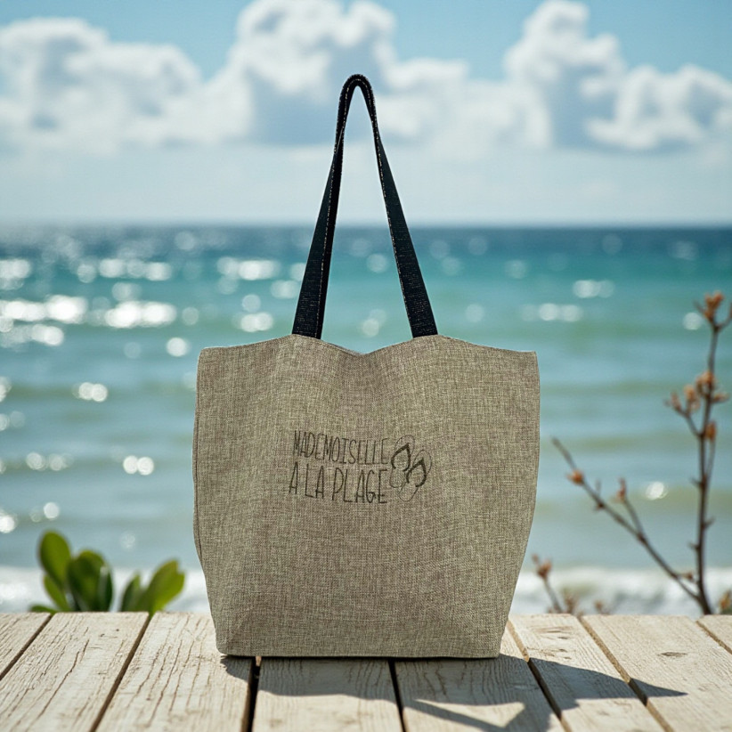 Cabas de plage L, "Mademoiselle à la plage" jute scintillant