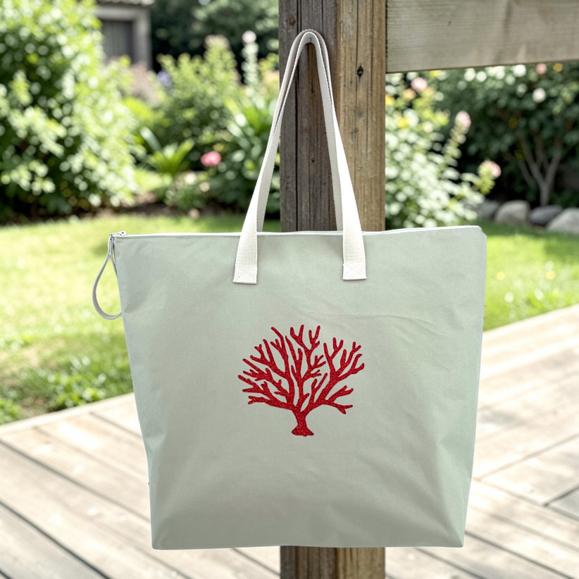 Sac cabas maxi Lucette, "Corail rouge" Brooklyn écru