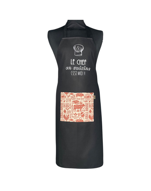 Tablier de cuisine, "Le chef en cuisine c'est moi !" noir