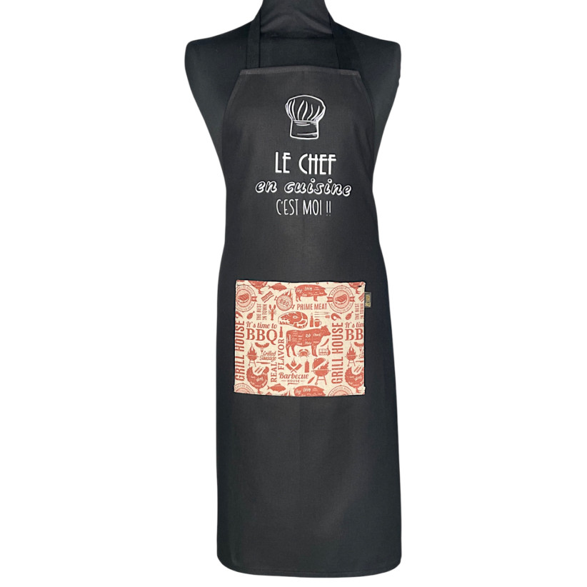 Tablier de cuisine, "Le chef en cuisine c'est moi !" noir