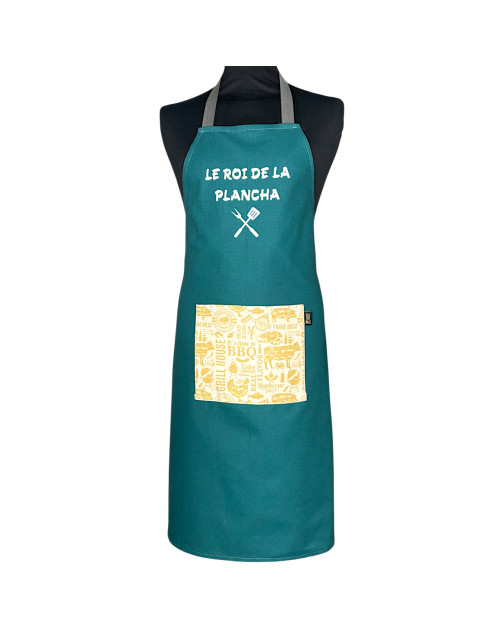 Tablier de cuisine, "Le roi de la plancha" pétrole, lot de 2