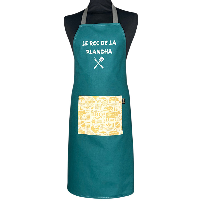 Tablier de cuisine, "Le roi de la plancha" pétrole, lot de 2