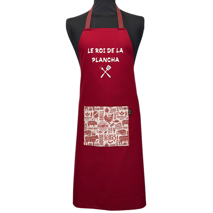 Tablier de cuisine, "Le roi de la plancha" bordeaux