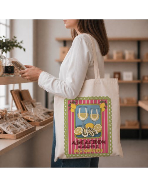 Tote bag, "Arcachon des huîtres, du vin et des copains (vert clair)"
