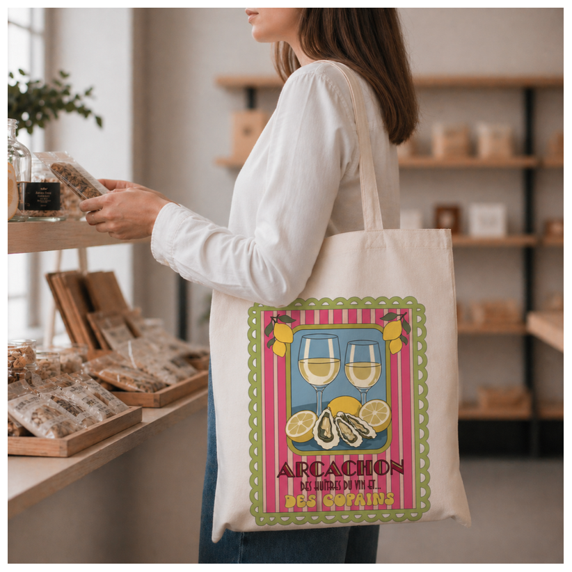 Tote bag, "Arcachon des huîtres, du vin et des copains (vert clair)"
