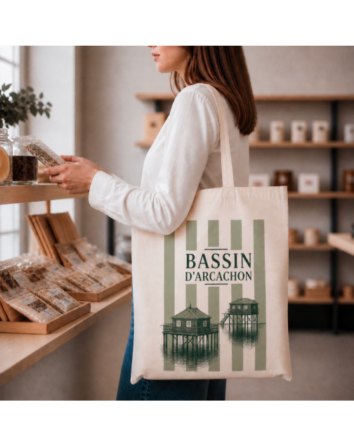 Tote bag, "Bassin d'Arcachon cabane (vert olive)"