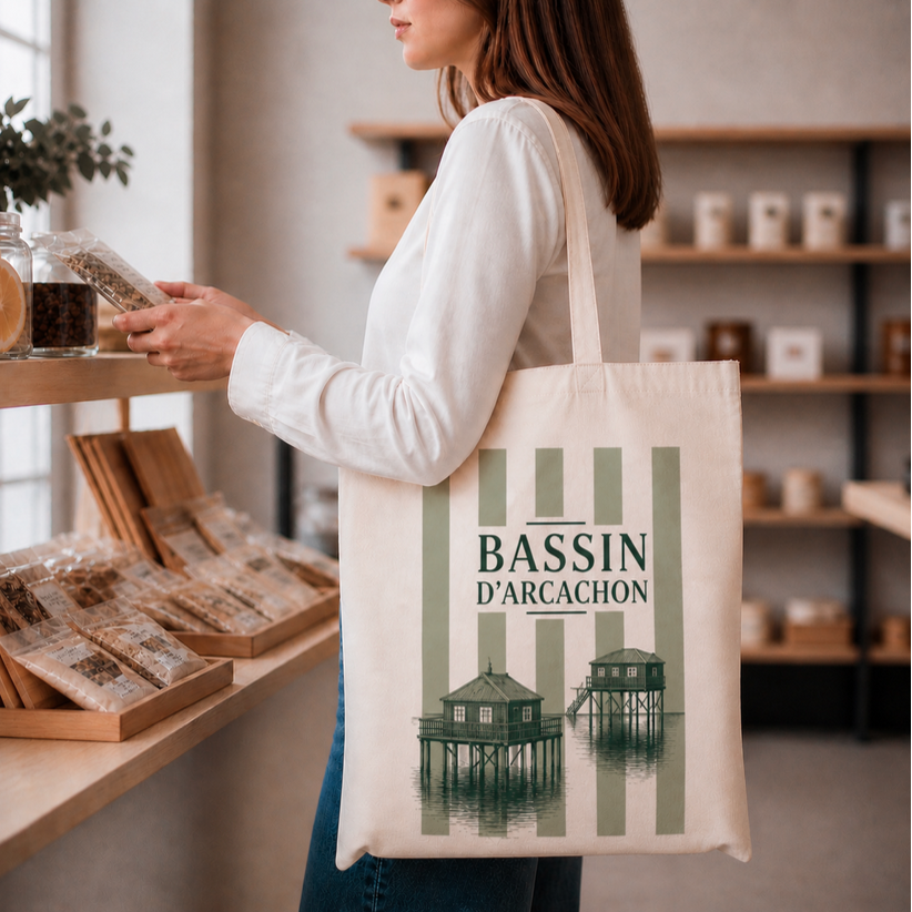 Tote bag, "Bassin d'Arcachon cabane (vert olive)"