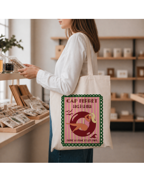 Tote bag, "Cap ferret face à la mer entre la dune et les pins (sapin)"