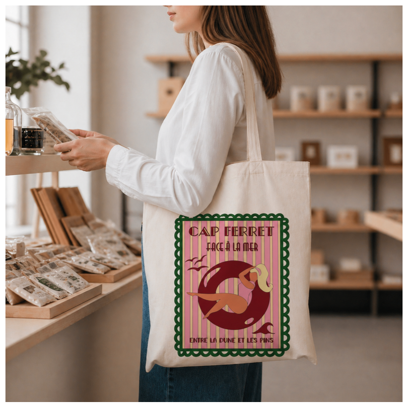 Tote bag, "Cap ferret face à la mer entre la dune et les pins (sapin)"