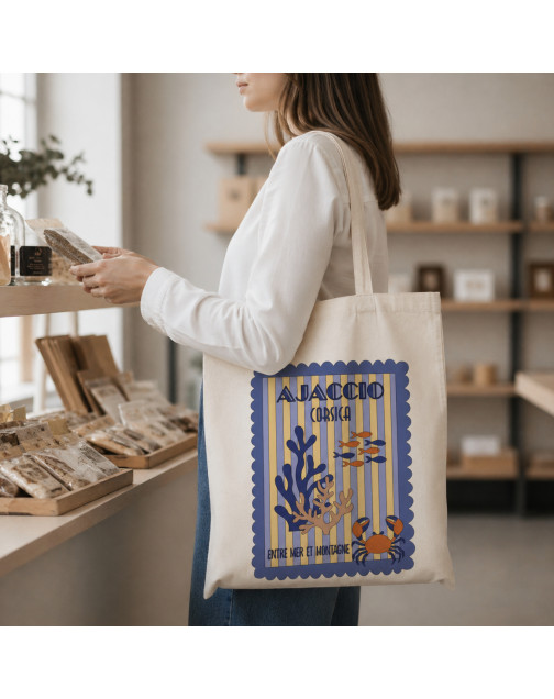 Tote bag, "Ajaccio corsica entre mer et montagne corail (bleu)"