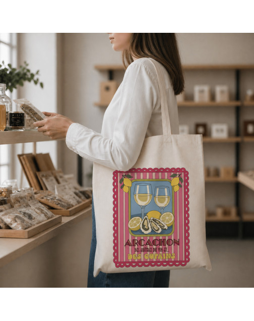 Tote bag, "Arcachon des huitres, du vin et des copains (rose)"